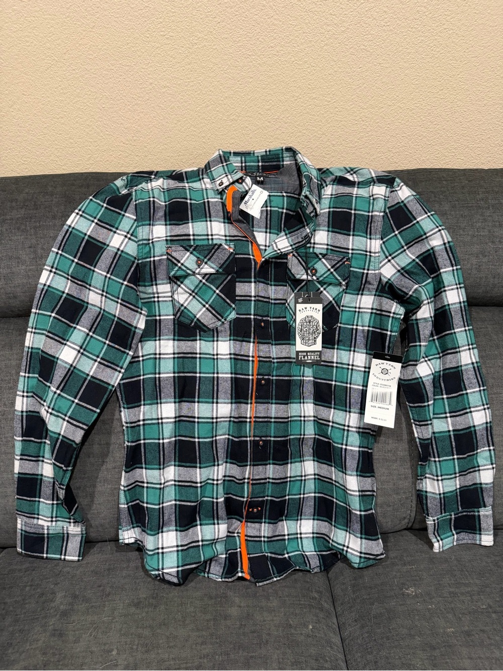 Raw yarn Men's Green Plaid Long-Sleeve Shirt - M